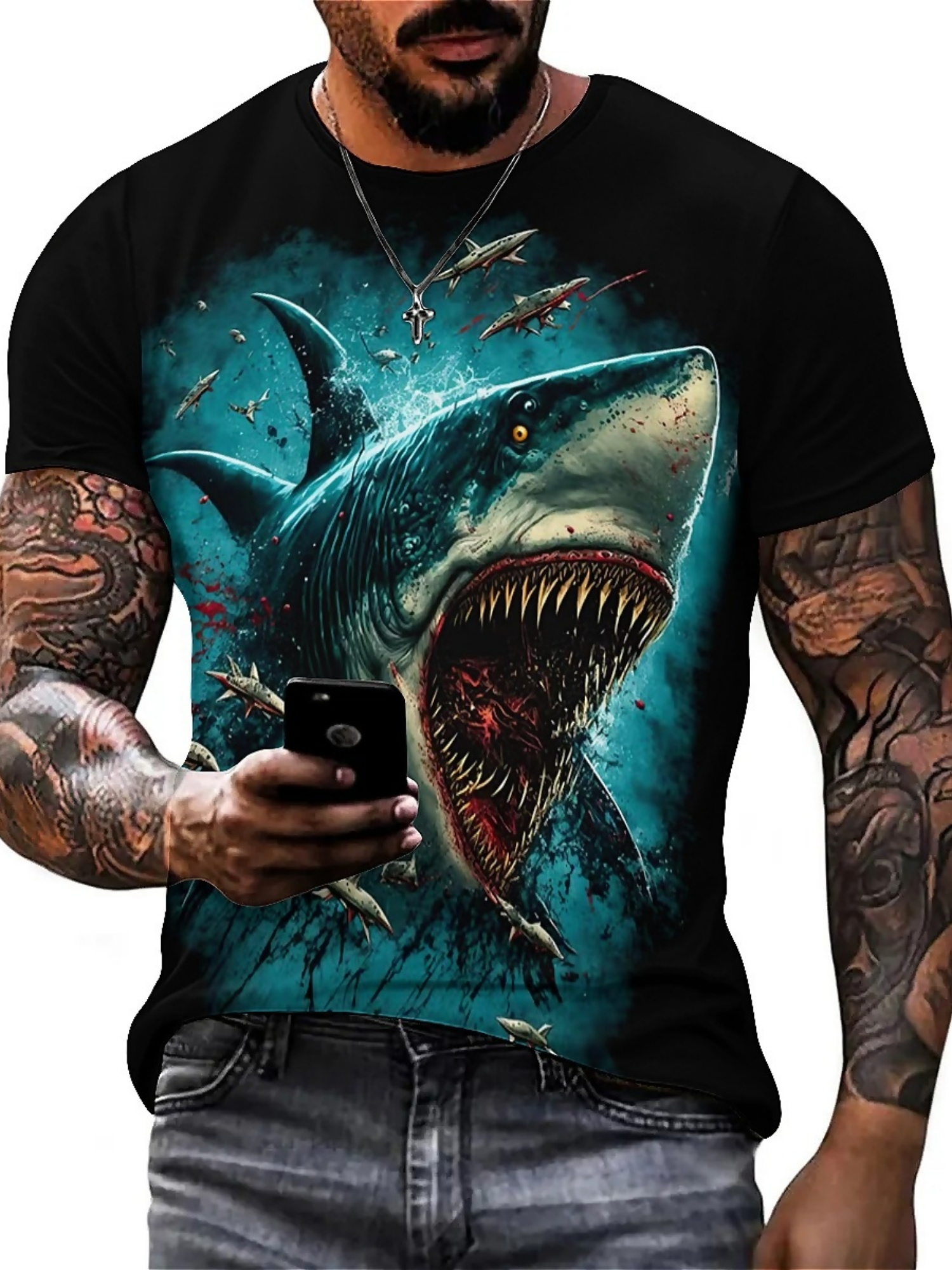 Men's 3D Shark Print T-Shirt - - 3D Printing Designing ulasan dan harga