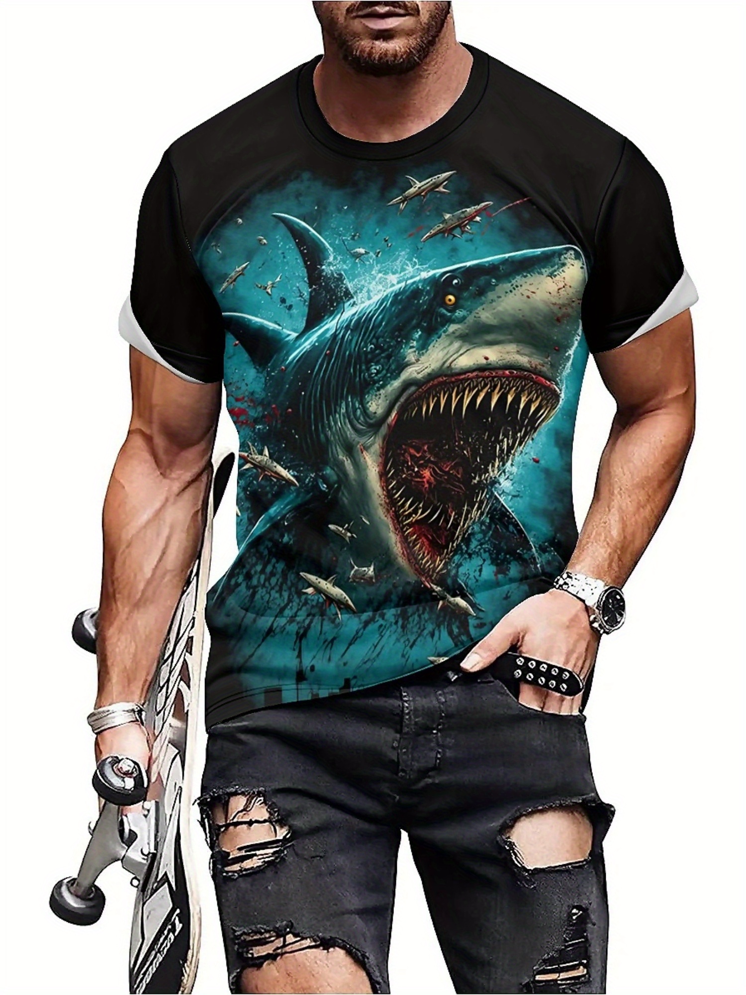 Men's 3D Shark Print T-Shirt - - 3D Printing Designing ulasan dan harga